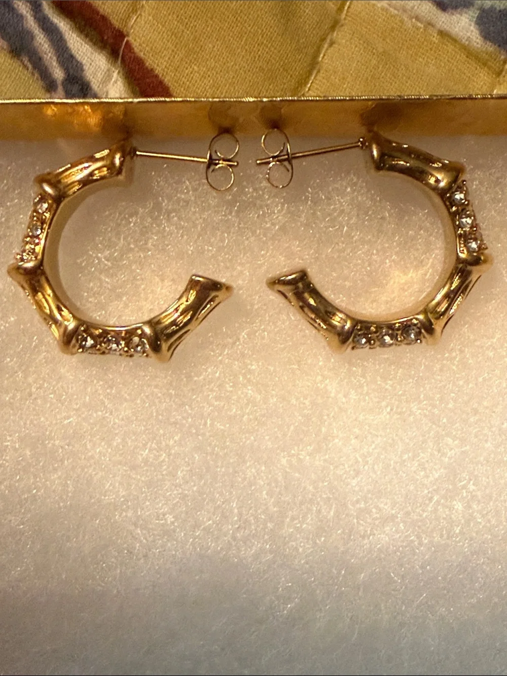 Gold Tone Bamboo Hoop Earrings with Crystal Accents